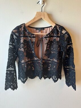 For Love & Lemons Black Lace Tie-Front Crop Top